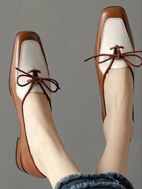 Square-Toe Vintage Color-Block Ladies' Niche Design Chunky Heel Flat Shoes